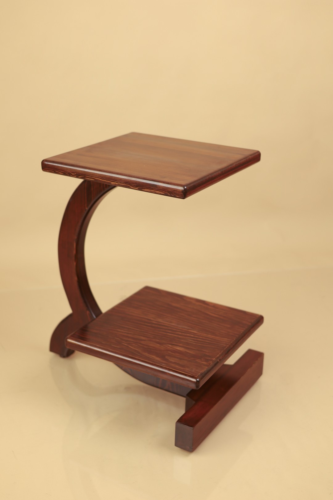 C side table with two square tiers on a curved C-shaped support
